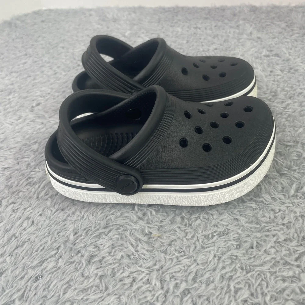 Crocs Bayaband Child Size C8 Black White Sporty Racing Stripe Sandals
